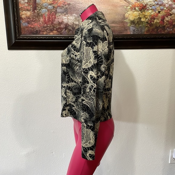 Joseph Ribkoff Blouse Veston Jacket 8 Sequins Shoulder Pads Full Zip Black Cream - Picture 2 of 9